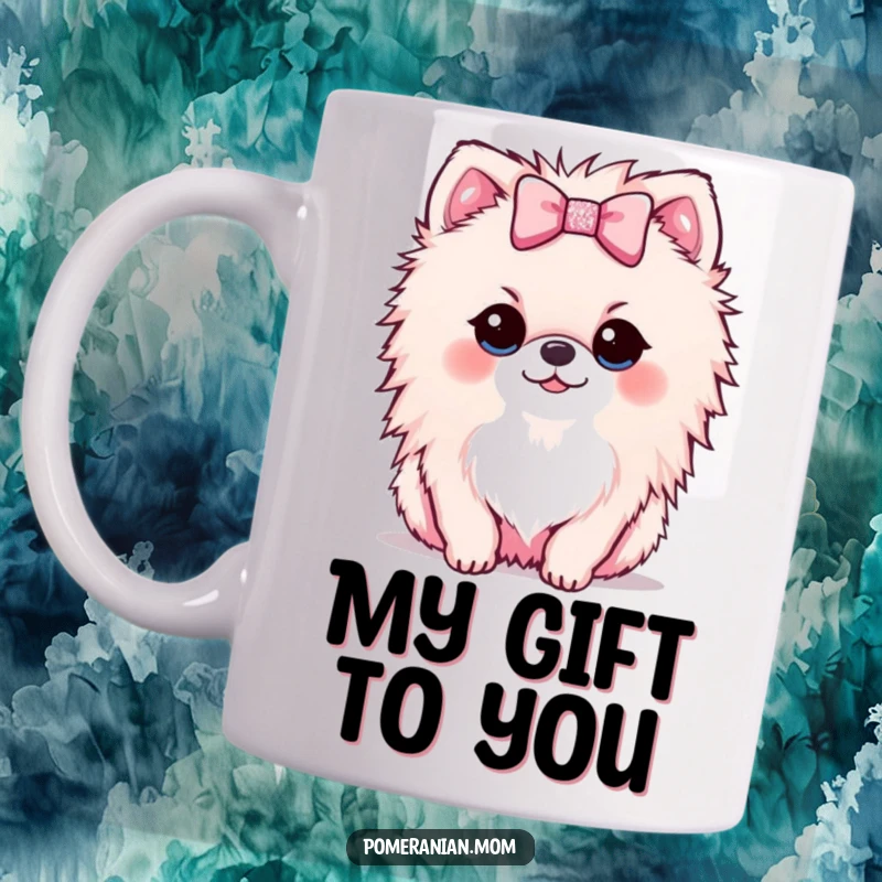 Funny Kawaii Pomeranian mug with a small dog presenting a tiny, sparkly bow with a loving expression.