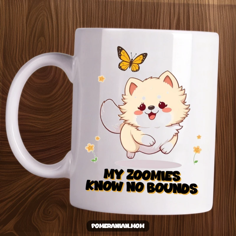 Funny Kawaii Pomeranian mug, a cheerful dog energetically chasing a butterfly with pure joy and excitement.