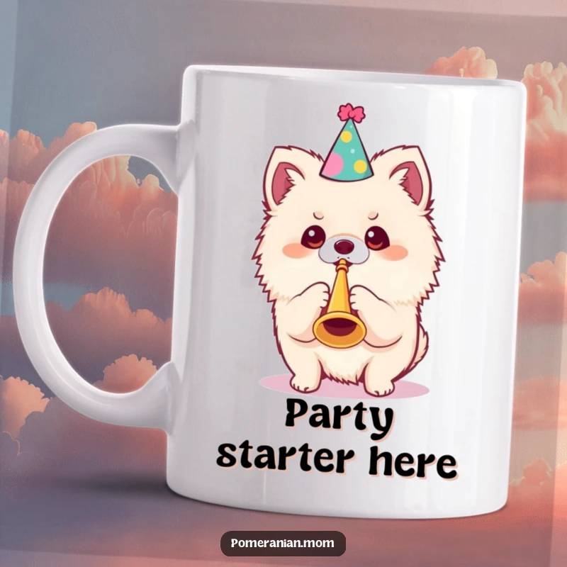 Funny Kawaii Pomeranian Mug: A cute dog in a party hat blows a tiny trumpet with delight, perfect for festive occasions.