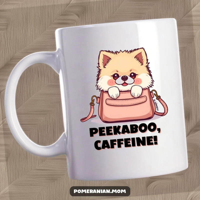 Funny Kawaii Pomeranian peeking curiously from a tiny purse in this delightful mug design, showcasing playful mischief and charm.