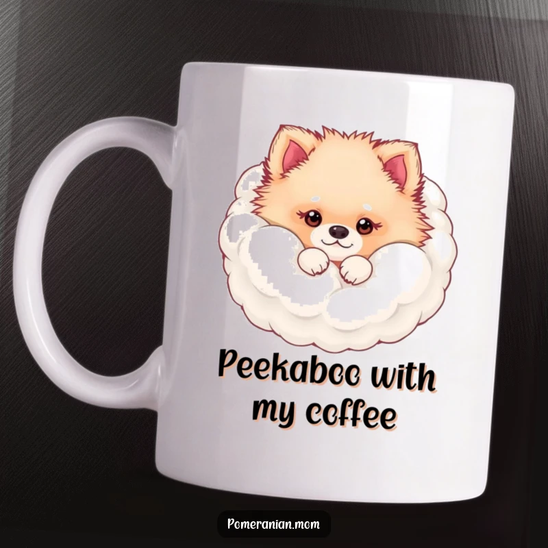 Funny kawaii Pomeranian peeking from its fluffy fur cloud mug, showcasing adorable cuteness and a playful hide-and-seek, a perfect gift.