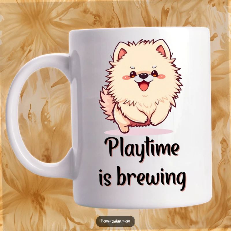 Funny Kawaii Pomeranian mug showing a small dog in an excited bounce, eagerly ready to play.