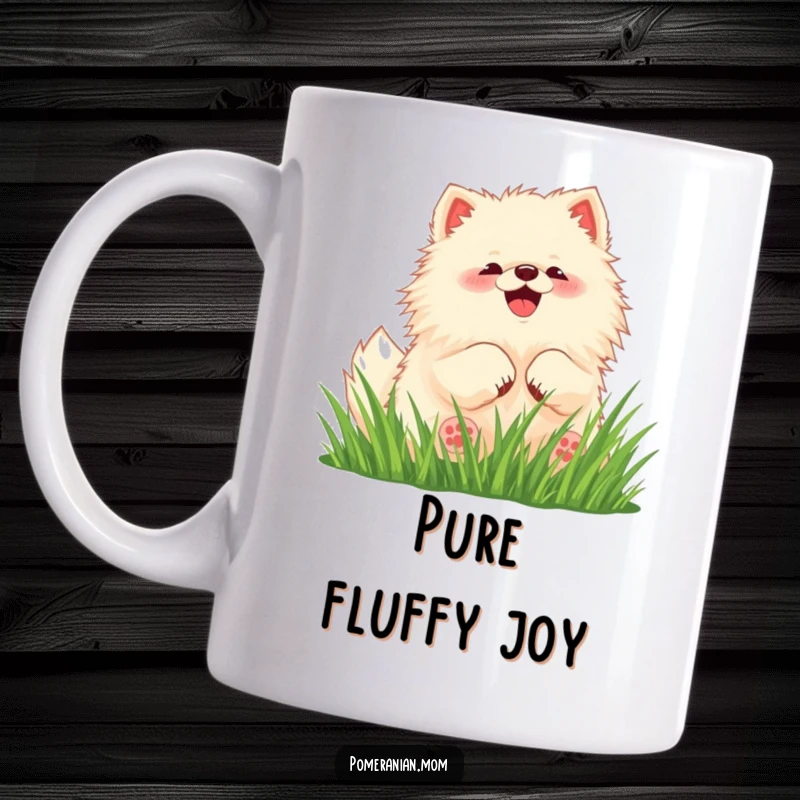 Funny Pomeranian mug featuring a super cute kawaii dog letting out a delighted squeal while rolling in grass.