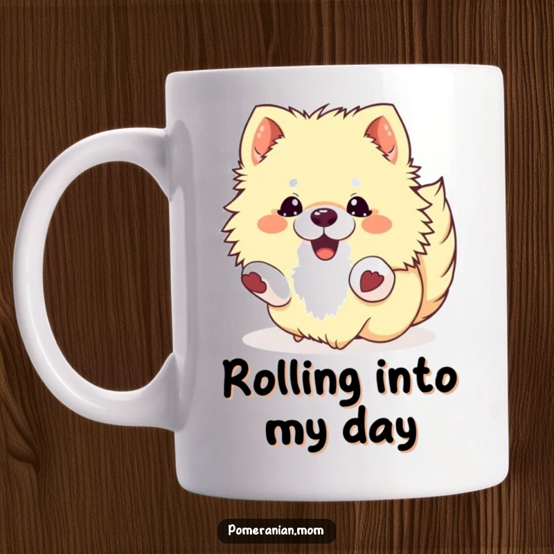 Funny Kawaii Pomeranian Mug: A fluffy dog rolling ecstatically, embodying pure joy and playful abandon.