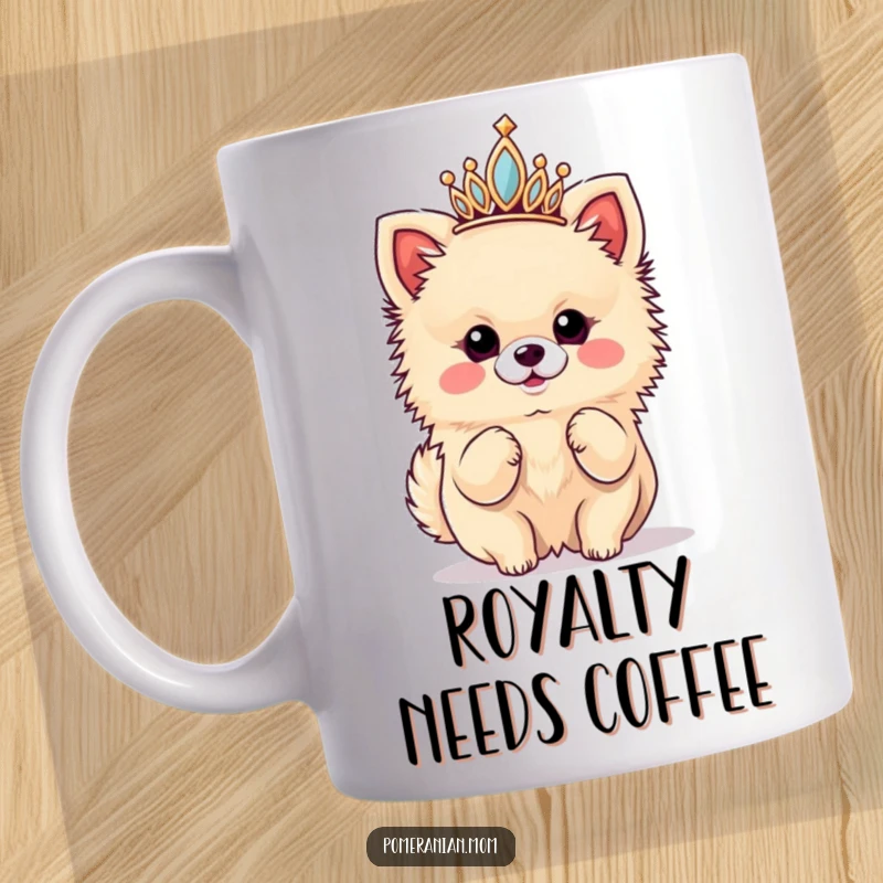 Funny mug showing a kawaii Pomeranian wearing a tiny tiara and striking a fabulous diva pose, exuding queenly charm.