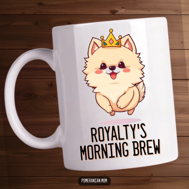 Funny Pomeranian mug showing a small dog wearing a tiny crown, happily skipping with delight, exuding playful royalty.