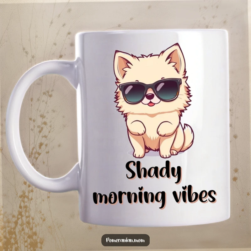 Funny tiny Pomeranian character hilariously attempting to wear oversized sunglasses on this mug, showcasing its cool and comical attempt.