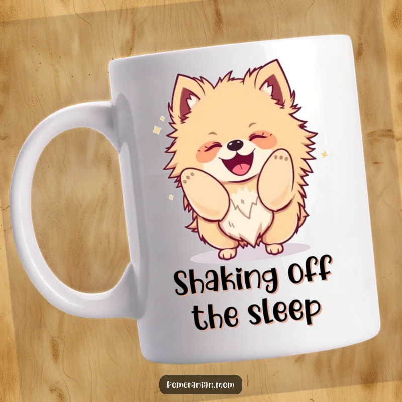 Funny Kawaii Pomeranian mug, a fluffy dog vigorously shaking its body with pure glee and excitement.