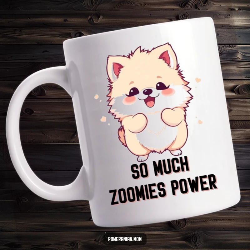 Funny Kawaii Pomeranian Mug: A fluffy dog shaking its whole body with pure, uncontrollable excitement, looking adorable.