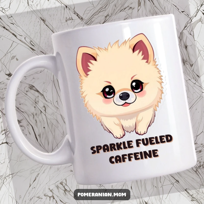 Funny Kawaii Pomeranian Mug: Dog with bright, sparkling eyes, looking eagerly for fun adventures, a humorous and inspiring design.
