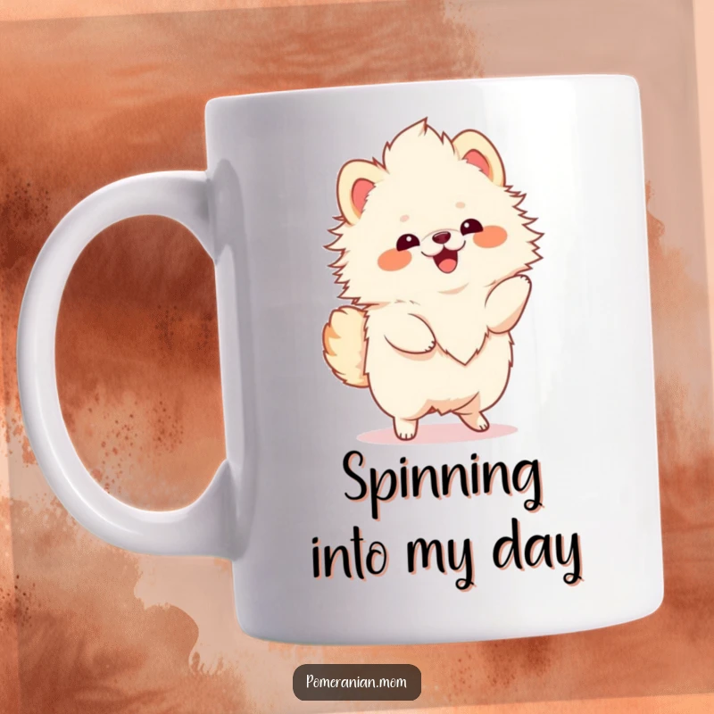 Funny Kawaii Pomeranian mug, showing a fluffy dog joyfully twirling with excitement, perfect for dog lovers.