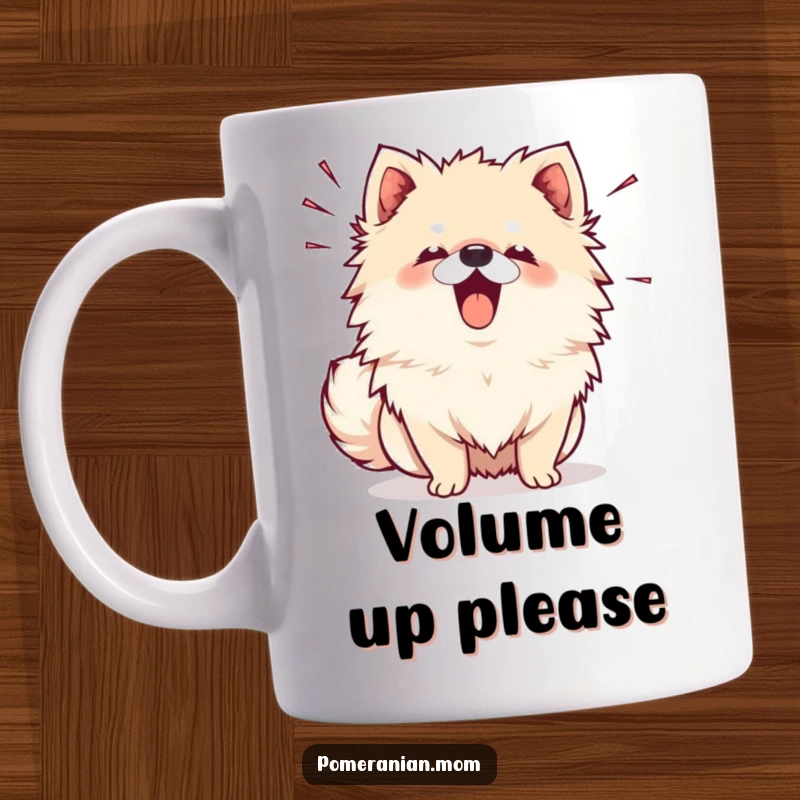 Funny Kawaii Pomeranian Mug: A cute dog enthusiastically barking with cartoonish sound lines emanating from its mouth.