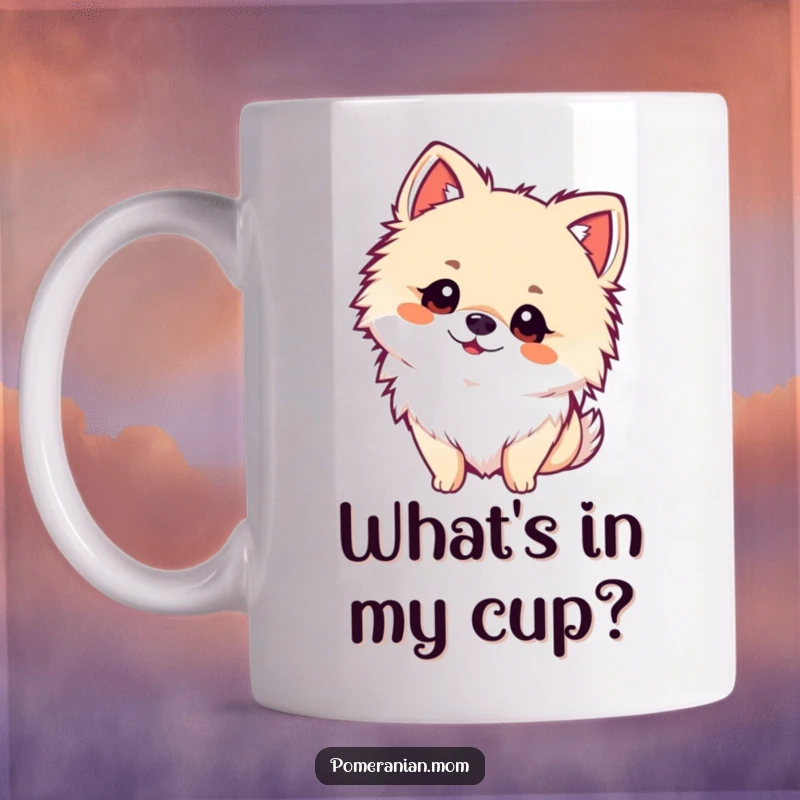 Funny kawaii Pomeranian mug, a fluffy dog tilting its head with wide, curious eyes. Captures innocent wonder.