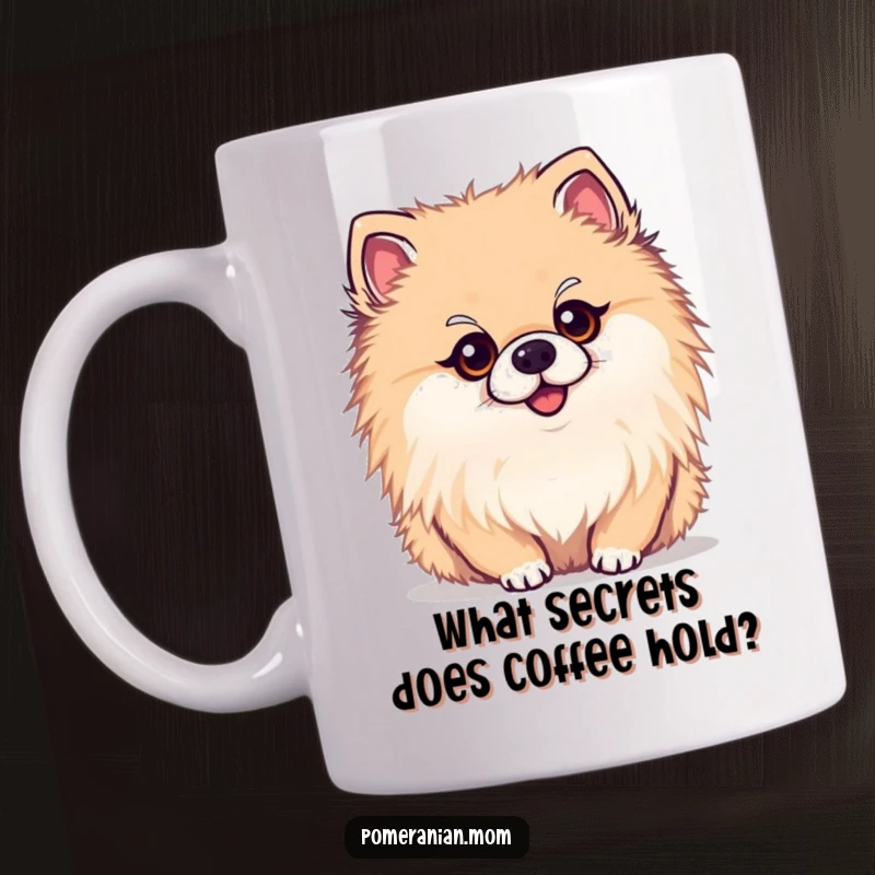 Funny kawaii Pomeranian mug, a cute dog with a curious head tilt, exuding innocence and humor. Ideal for puppy lovers.