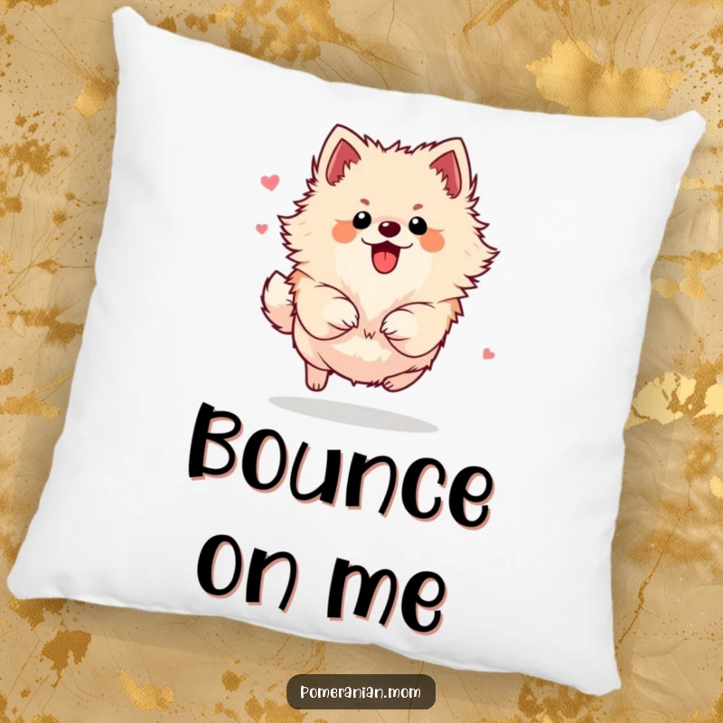 Funny Pomeranian pillow illustrating a small dog energetically bounding with incredible flair, bringing a sense of dynamic playfulness.
