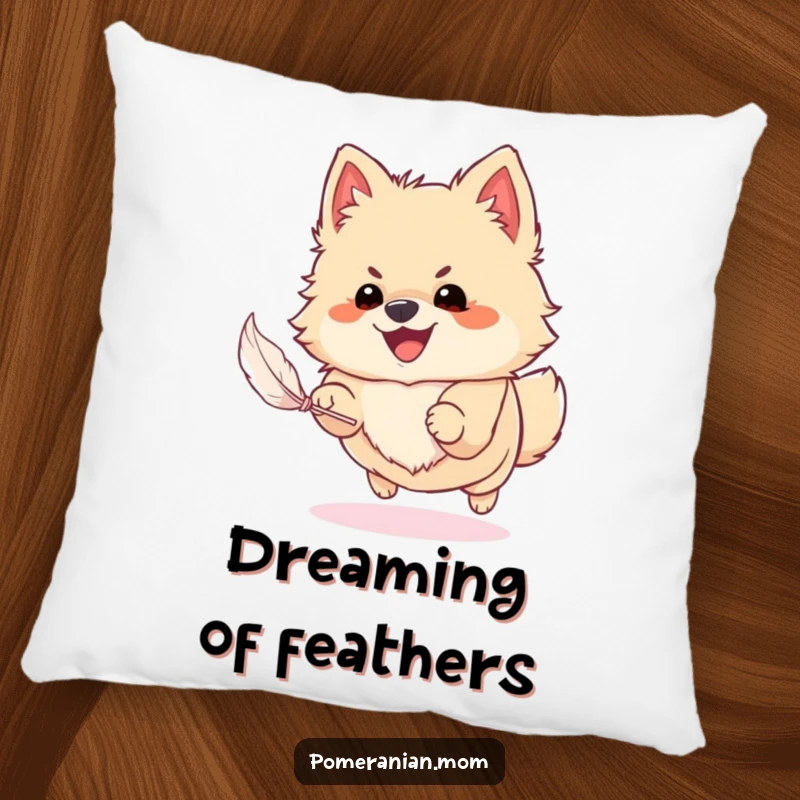 Funny Pomeranian pillow showcasing a dog in a playful chase after a small feather, bringing cute and humorous charm to any room.