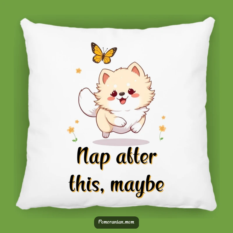 Cute Funny Kawaii Pomeranian Butterfly Chase Pillow, Comfy and Hilarious Decor