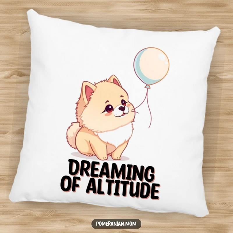 Funny Pomeranian pillow featuring a dog looking at a balloon with wonder, a soft, humorous, and adorable decorative item.