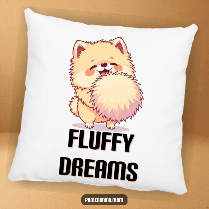 Funny Pomeranian pillow showcasing a joyful dog shaking a very large pom-pom, providing comfort and playful decorative charm.