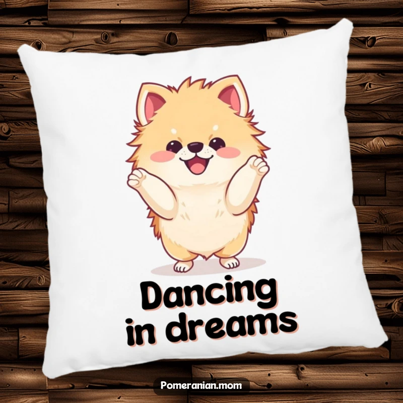 Funny kawaii Pomeranian doing a delighted dance with its paws pillow, offering cozy comfort and playful doggy charm.