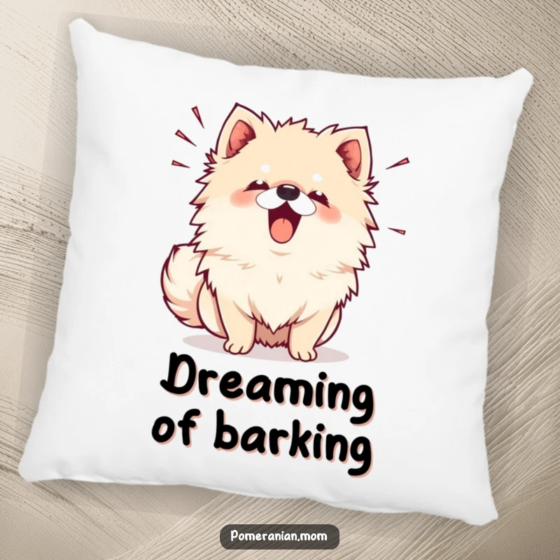Funny Kawaii Pomeranian Pillow: A cute dog barking with sound lines, offering comfort and funny vocal charm.