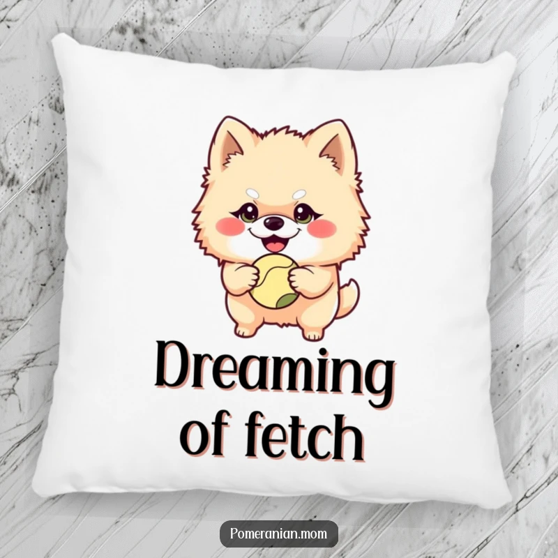 Funny Pomeranian character with a mischievous grin holding a ball on this soft pillow, radiating playful energy and a love for games.