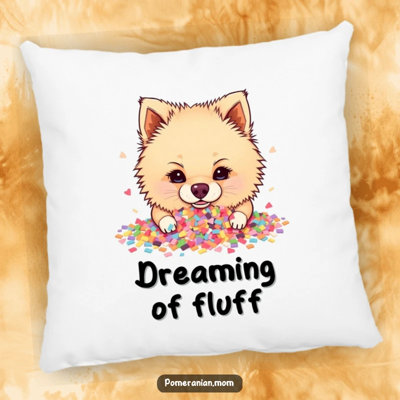 Funny Pomeranian pillow illustrating a dog blissfully buried in a pile of bright, festive confetti, dreaming of parties.