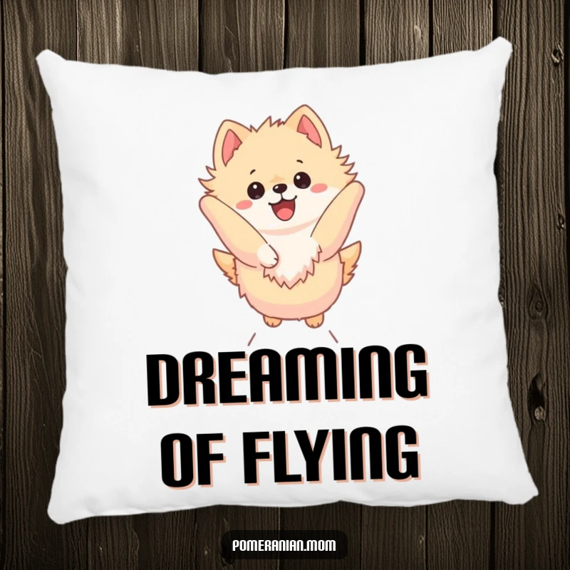 Funny Kawaii Pomeranian Pillow: Cute dog performing a high leap, a humorous and dynamic accent for cozy spaces.