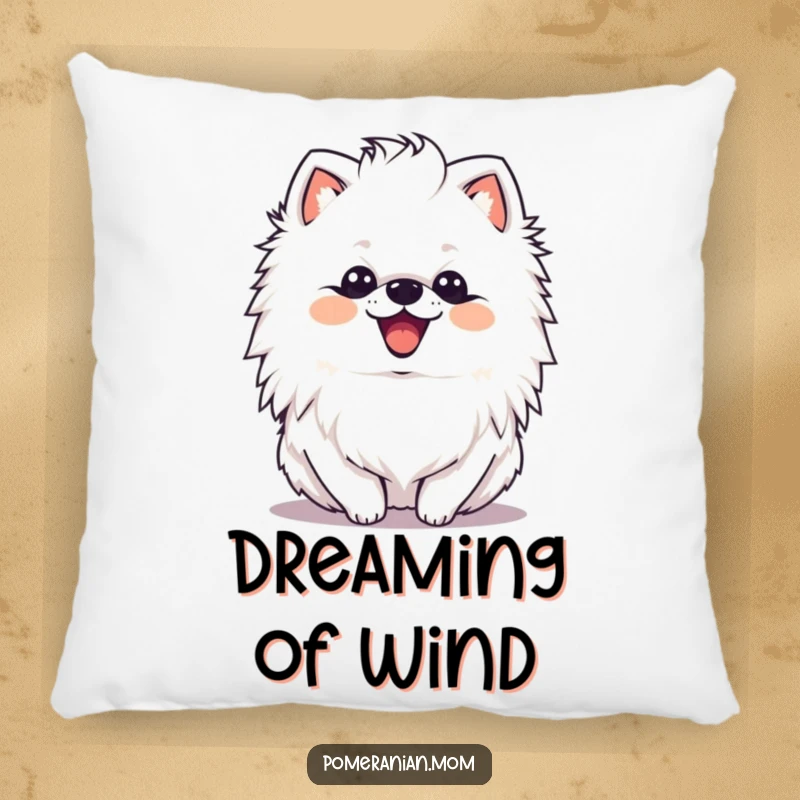 Funny kawaii Pomeranian with a delighted expression shaking its mane on this soft pillow, radiating happiness and vibrant energy.