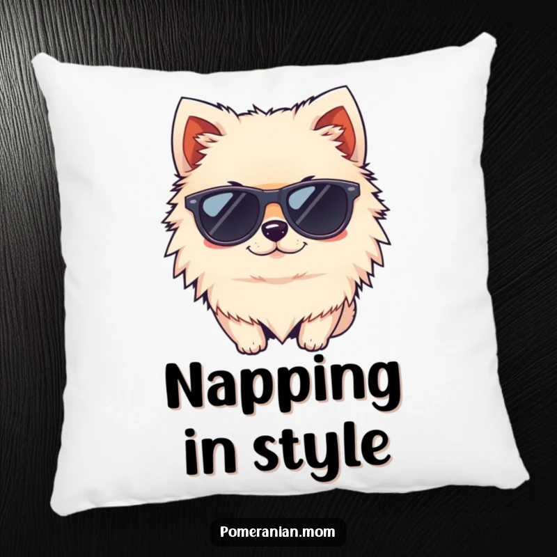 Funny kawaii Pomeranian wearing tiny sunglasses and winking pillow, offering cool comfort and playful charm.