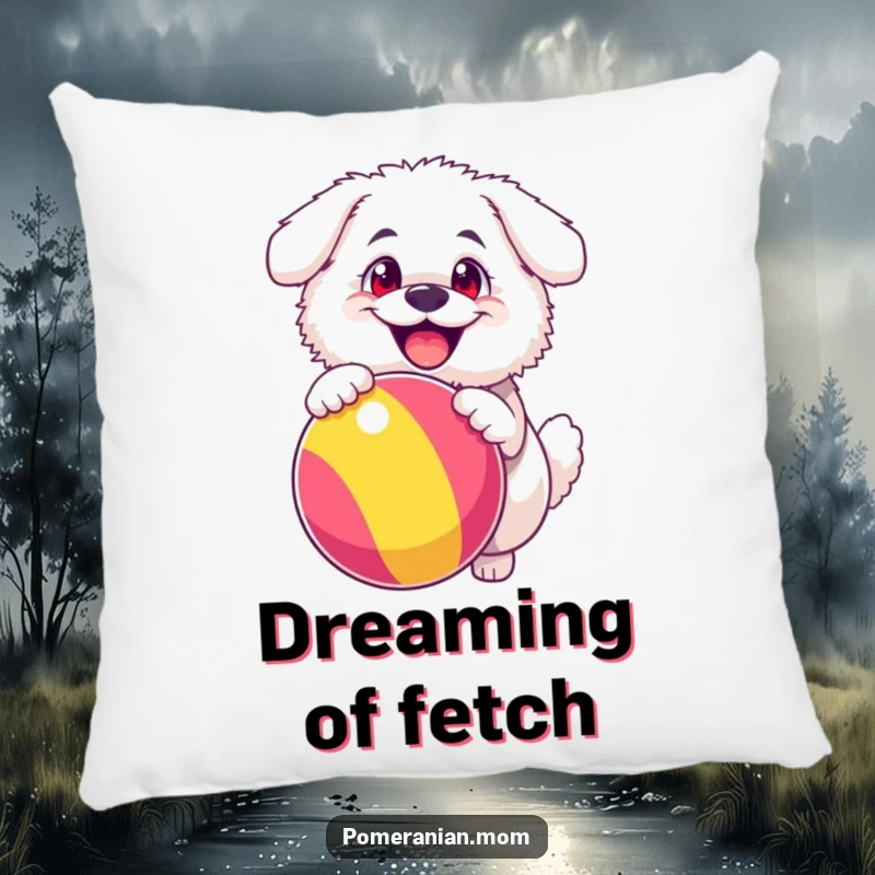 Funny pillow showcasing a fluffy white dog with wide, ecstatic eyes, energetically bouncing a large, colorful ball, bringing joy.