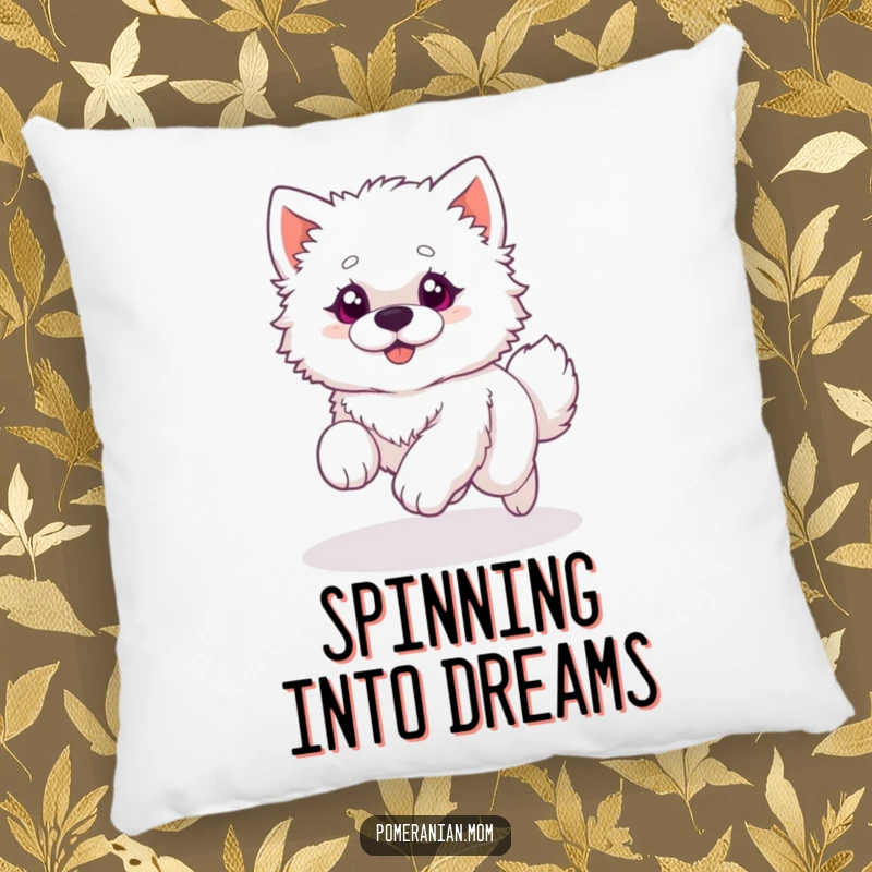 Funny pillow showcasing a fluffy white dog with wide, bright eyes, hilariously chasing its own tail in a comical circular motion.