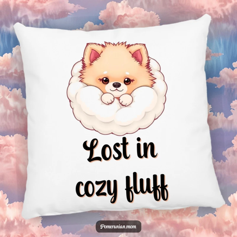 Funny kawaii Pomeranian peeking from its fluffy fur cloud pillow, offering cozy comfort and adorable fluffy charm.