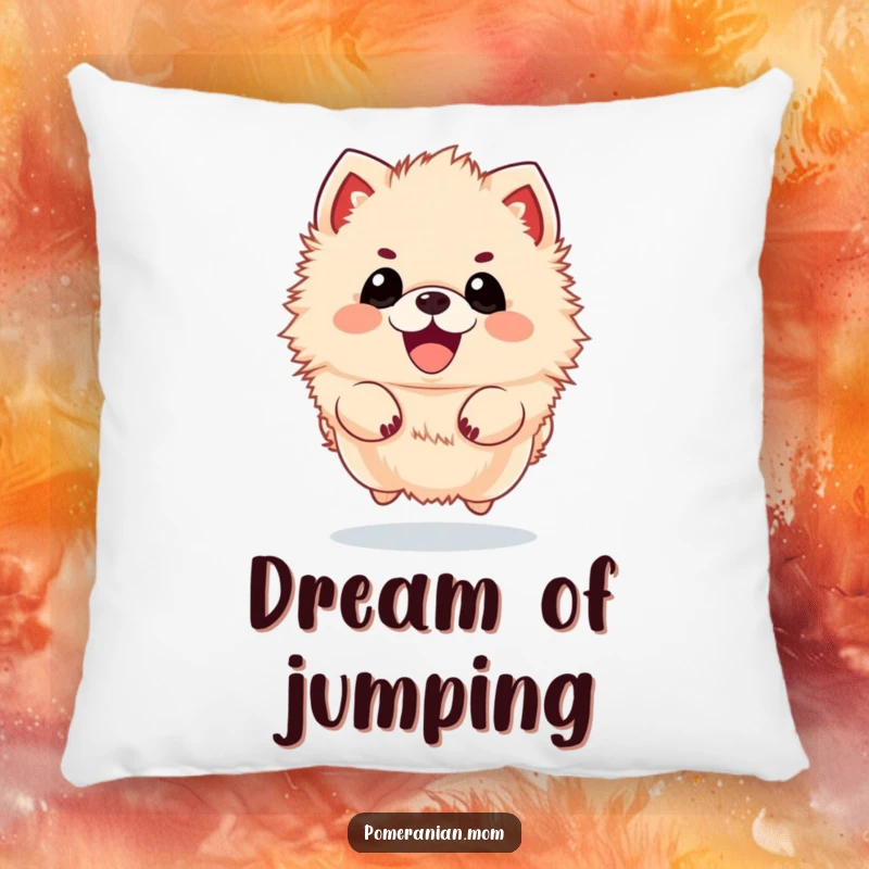 Funny kawaii Pomeranian pillow, showing a fluffy dog leaping enthusiastically. Adds comfort and a splash of humor.