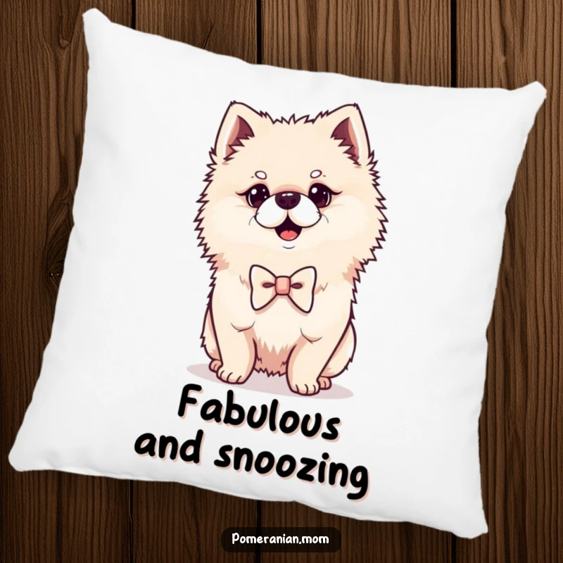 Funny Kawaii Pomeranian pillow, showing a proud dog in a bowtie, soft and decoratively chic.