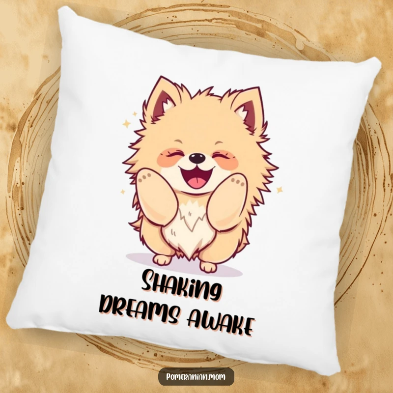 Funny Kawaii Pomeranian pillow, showing a fluffy dog shaking its body with glee, soft and huggable.