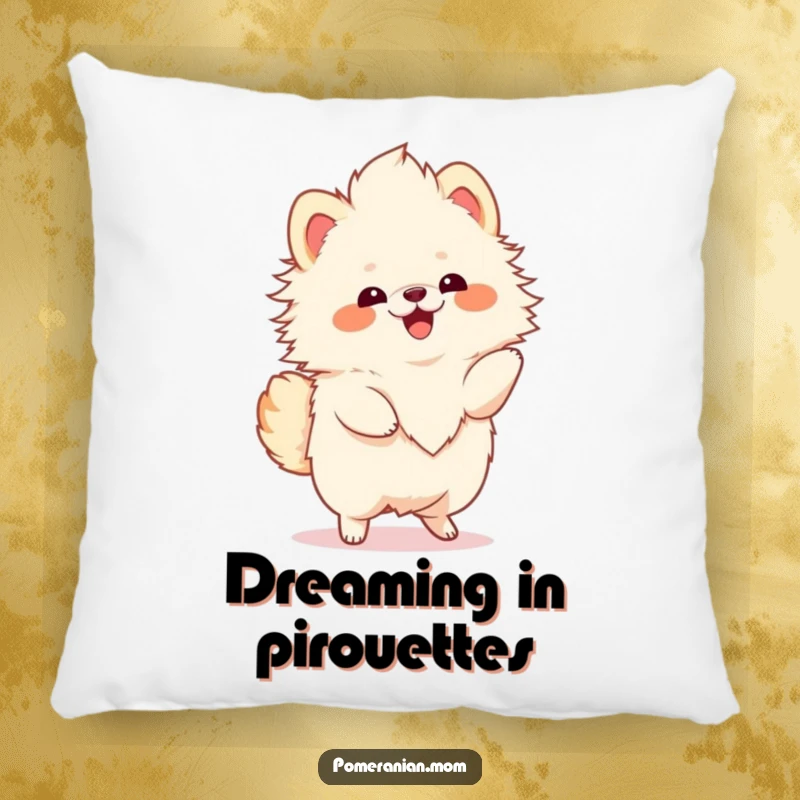 Funny Kawaii Pomeranian pillow, showing a fluffy dog doing a happy twirl, soft and decorative.