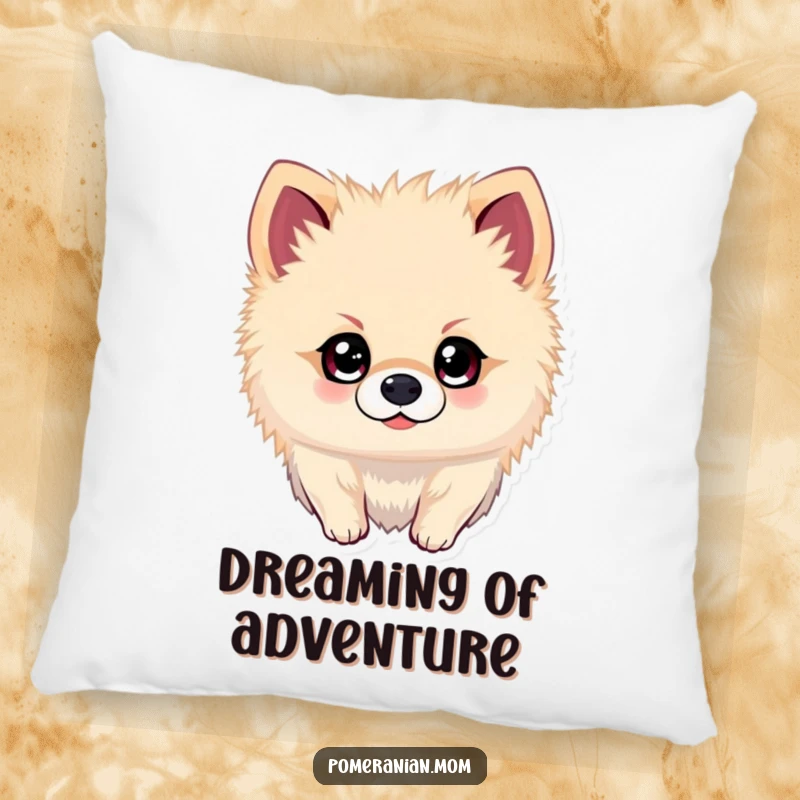 Funny Kawaii Pomeranian Pillow: Cute dog with sparkling eyes, anticipating adventure, adding humorous comfort to any space.