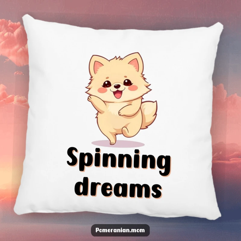 Funny Pomeranian Pillow featuring a cute Pomeranian character in a joyous, spinning twirl, perfect for cuddles.