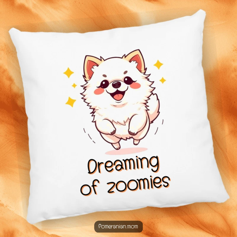 Funny kawaii Pomeranian performing energetic zoomies pillow, offering cozy comfort and playful doggy charm.