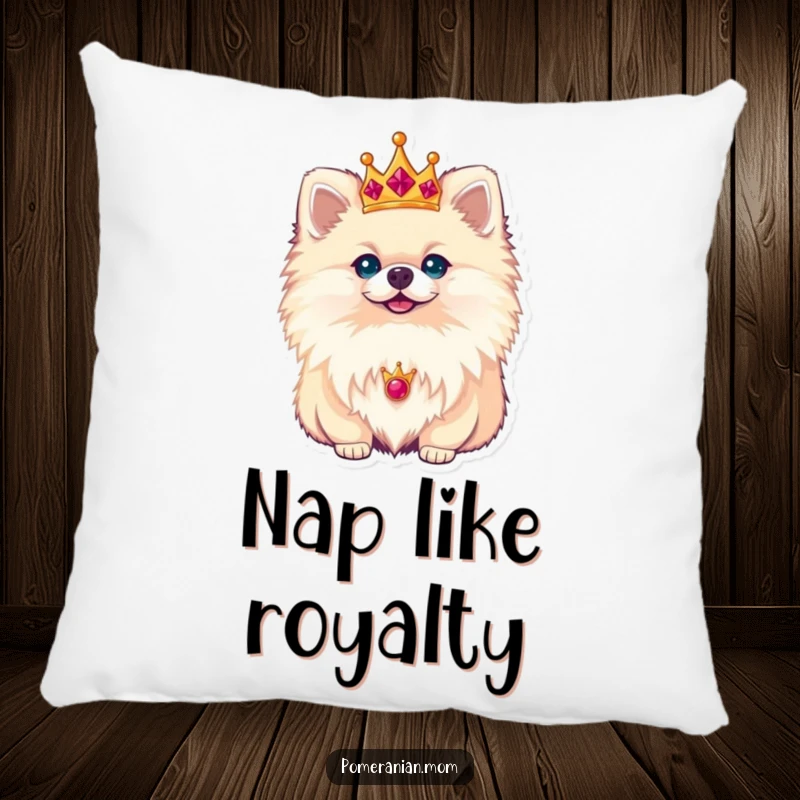 Funny Pomeranian pillow with a regal dog wearing a tiny crown, exuding cute authority and supreme comfort for relaxation.