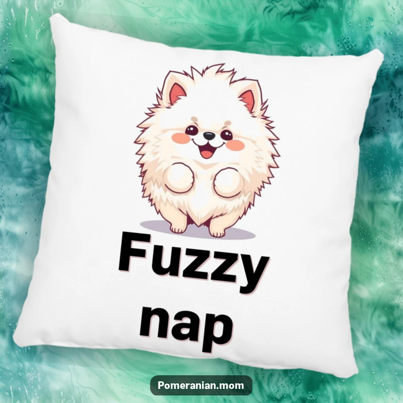 Funny, fluffy Pomeranian pillow with a cheerful dog joyfully shaking its voluminous fur.