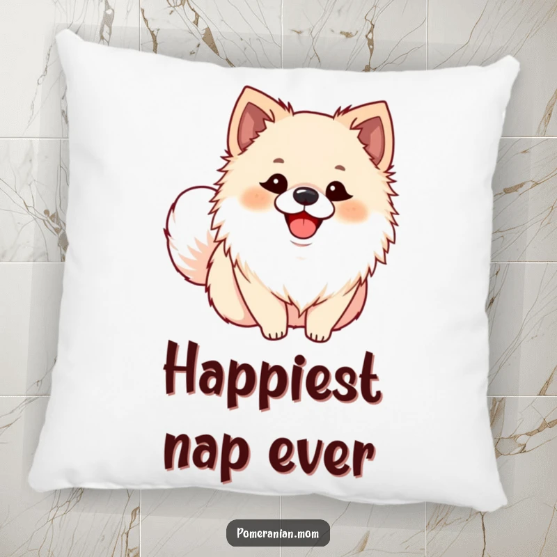 Funny Pomeranian pillow featuring an ecstatic dog with a wagging tail, a soft, humorous, and adorable decorative item.