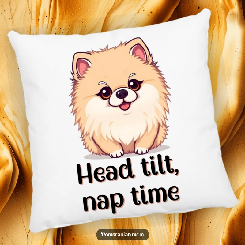 Funny kawaii Pomeranian pillow, a soft cushion featuring a cute dog with a curious head tilt. Cozy and intriguing decor.