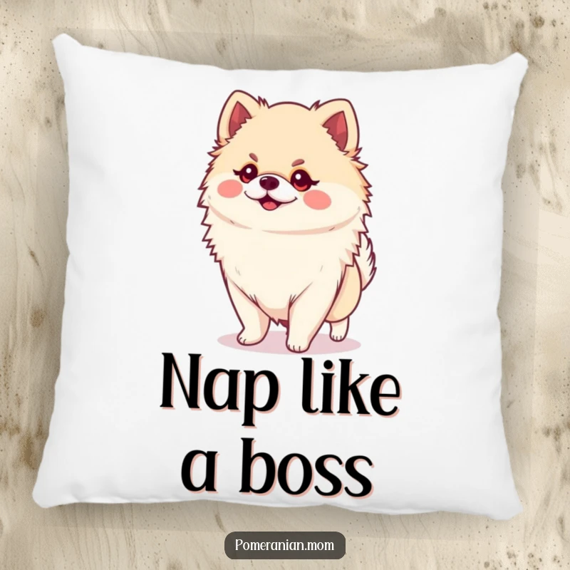 Funny Kawaii Pomeranian Pillow: A small, cute dog confidently strutting with a massive personality, offering comfort and funny sass.