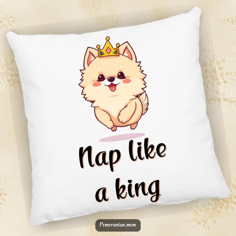 Funny Pomeranian pillow showing a small crowned dog skipping happily, offering plush comfort and regal humor.