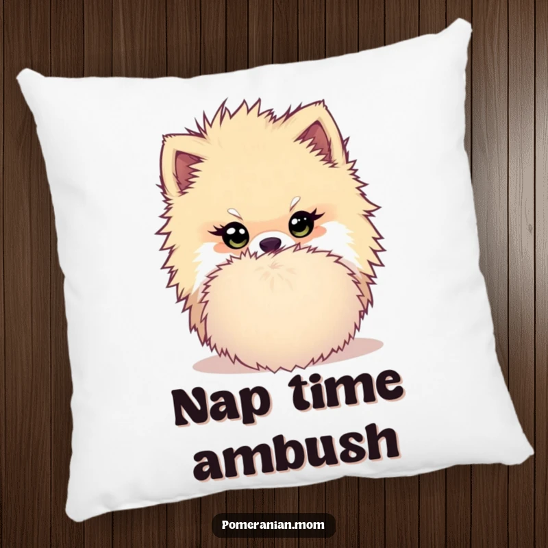 Funny Kawaii Pomeranian Pillow: Cute dog with a mischievous twinkle hiding behind a pom-pom, perfect for humorous and cozy decor.