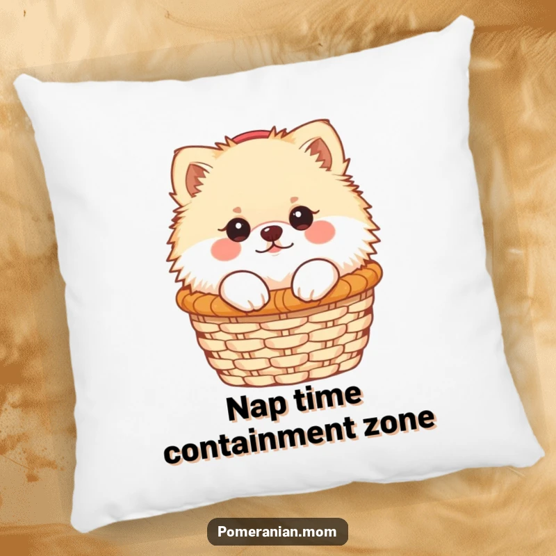 Funny Kawaii Pomeranian peeking from a small basket, featured on a plush pillow, bringing humor and cuteness to any room.