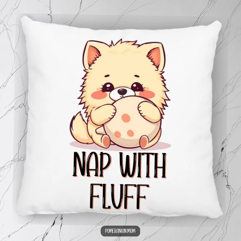 Funny Kawaii Pomeranian Pillow: A cute dog hugs a comically large squeaky toy with delightful joy, offering comfort and humor.