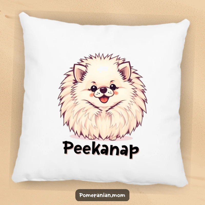 Funny Pomeranian Pillow featuring a happy Pomeranian peeking from behind a large, cheerful pompom, ready for cuddles.